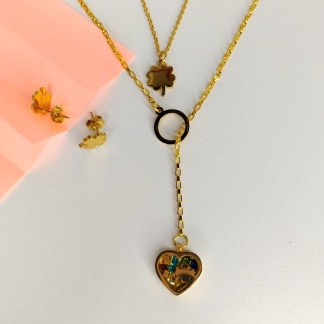 Conjunto de Aro y Cadena de Corazon y Trebol