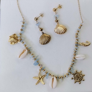 Conjunto Aro y Collar de Conchas de Nar Con Piedras Azules