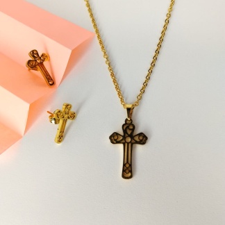 Conjunto de Aro y Cadena de Cruz con Diseño Interior